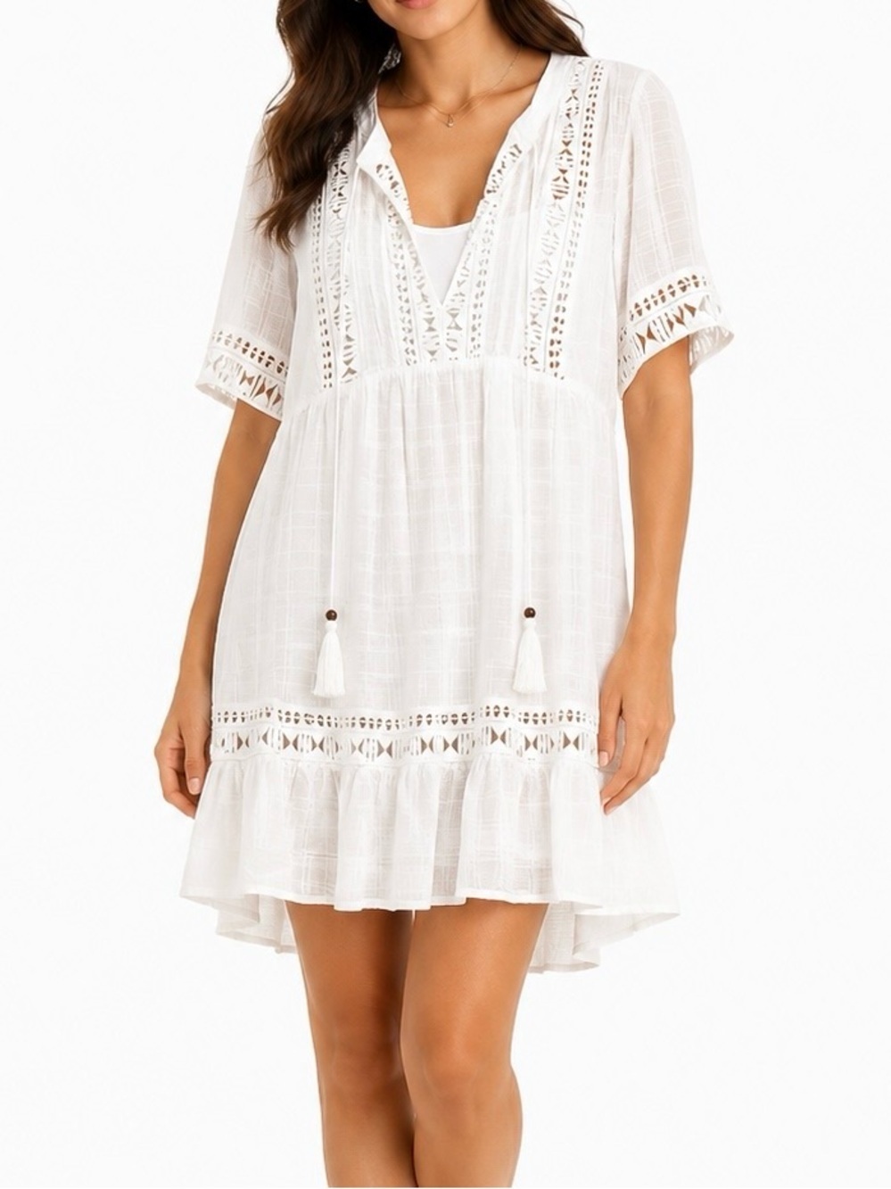 Knox Rose White Boho Tunic Cover Up XXL Lace Trim Tassel Beach Top